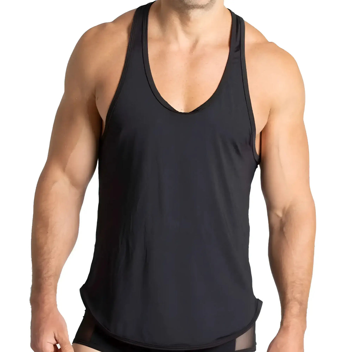 Gigo purity black tank racerback tank top with scoop neckline and subtle side slits in black fabric