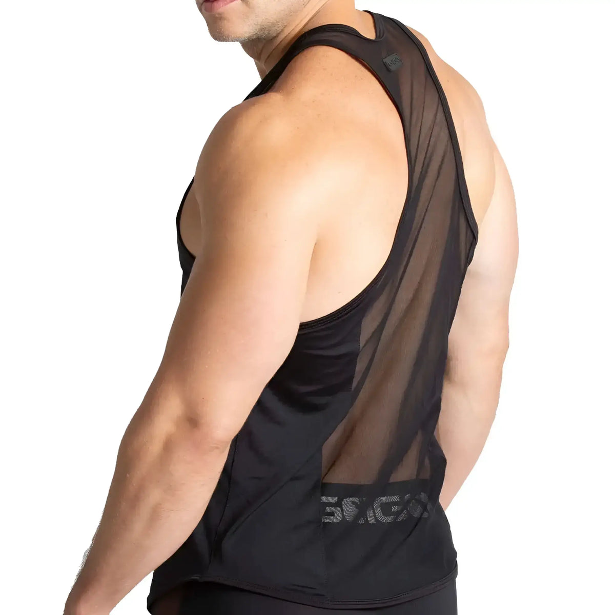 Gigo Purity black tank is a black mesh tank top with a solid inner layer and subtle waistband branding