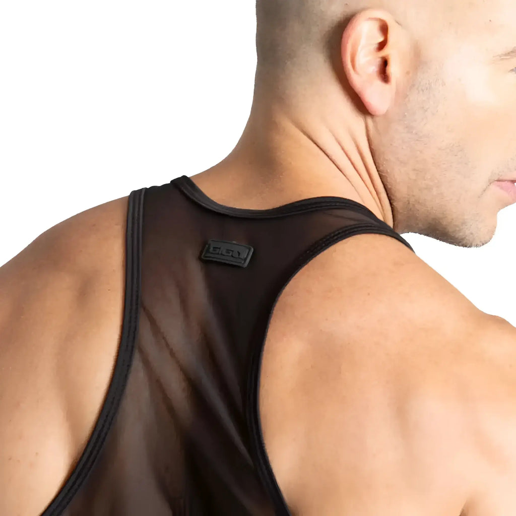 Gigo Purity black tank sheer mesh tank top with reinforced black trim along neckline and straps