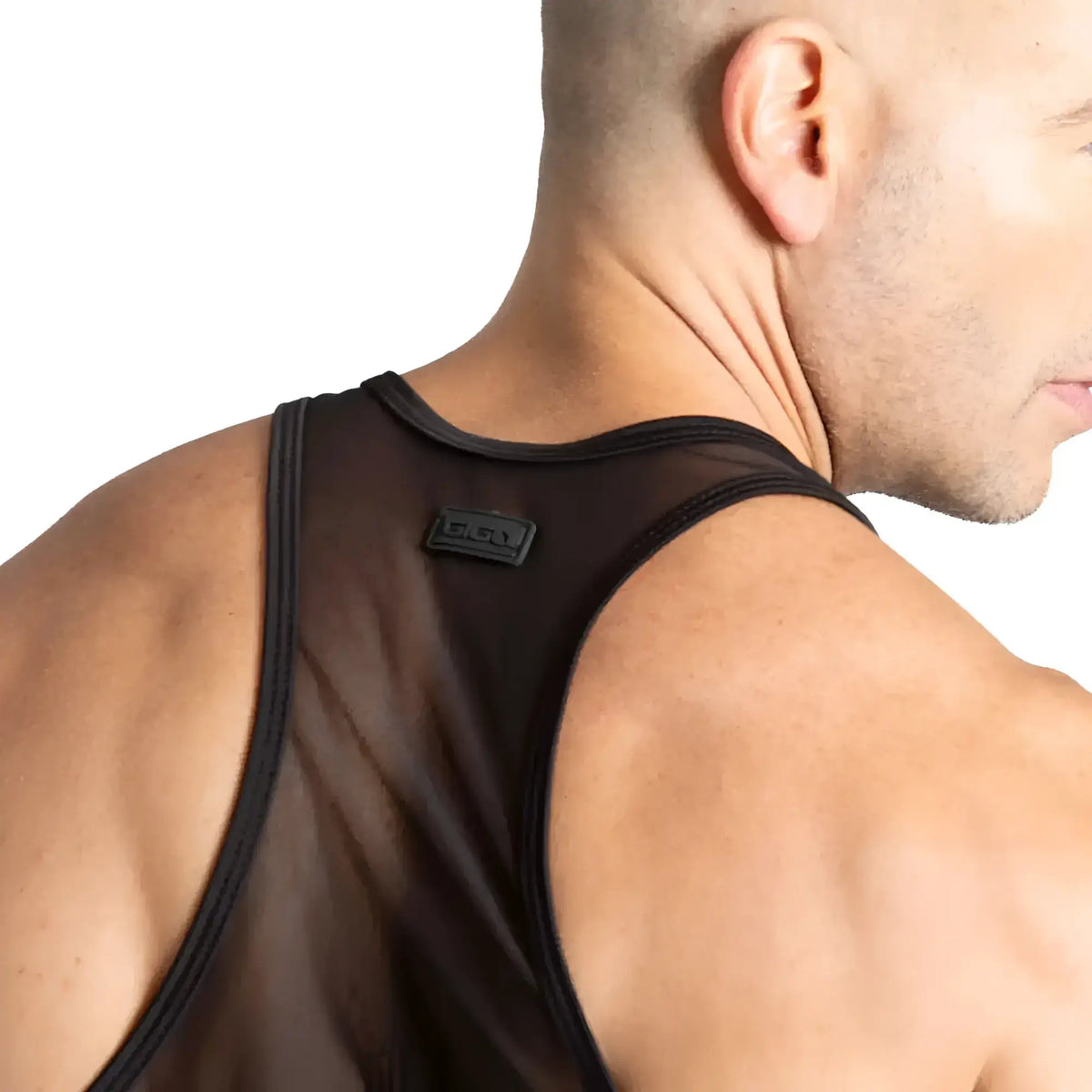 Gigo Purity black tank sheer mesh tank top with reinforced black trim along neckline and straps