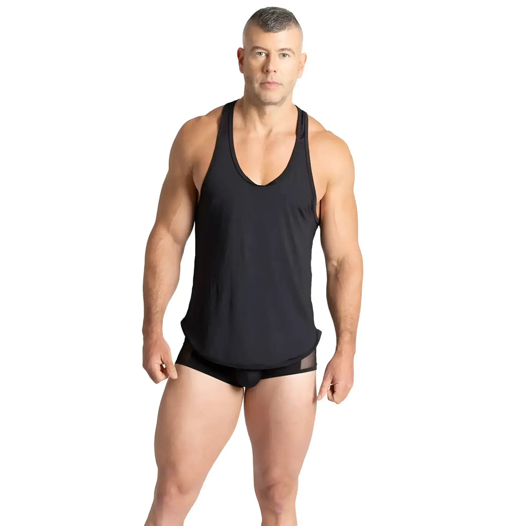 Black sleeveless athletic tank top with scoop neckline and side seam detailing from gigo purity collection