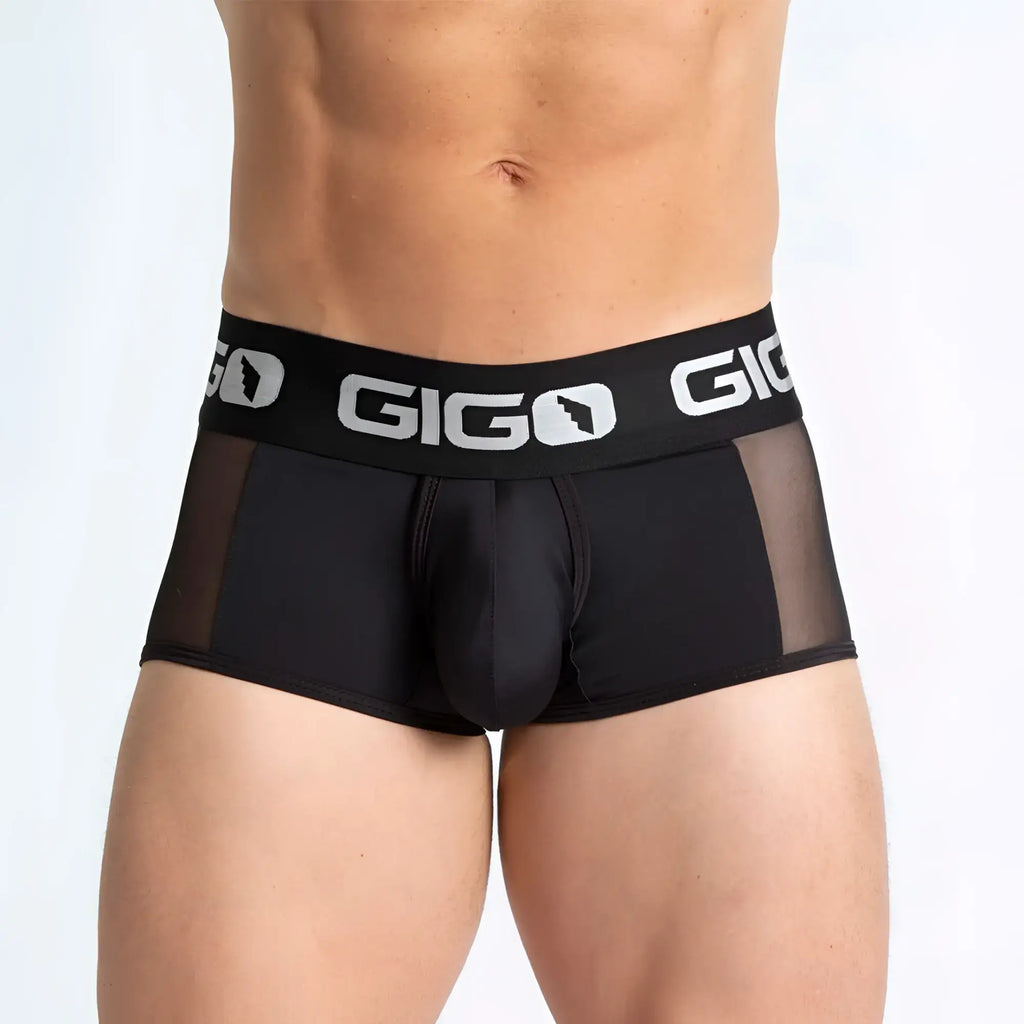 Black gigo purity trunk mens briefs with mesh side panels and branded waistband for comfortable support