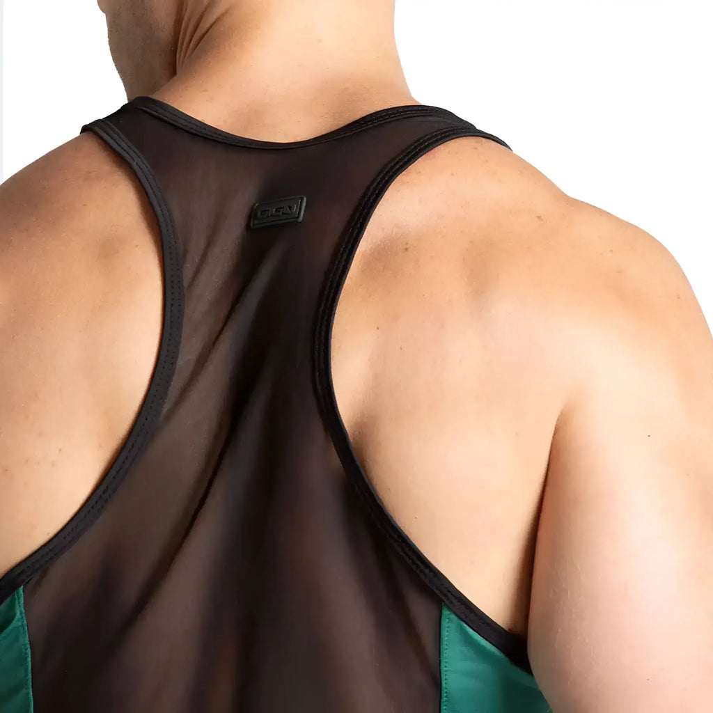 Black sheer mesh tank top with black trim and teal panel accents gigo purity green tank for casual wear