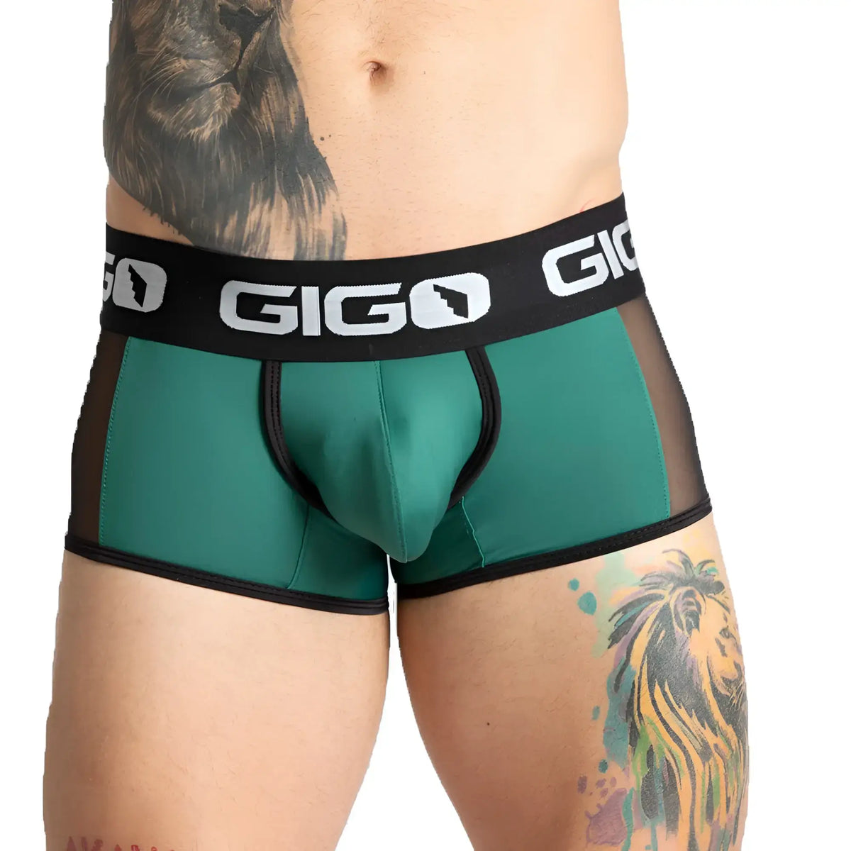 Green and black gigo purity green trunk briefs with mesh side panels for breathability and comfort