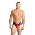 Red and black mesh briefs with gigo branding on waistband from gigo purity red brief collection