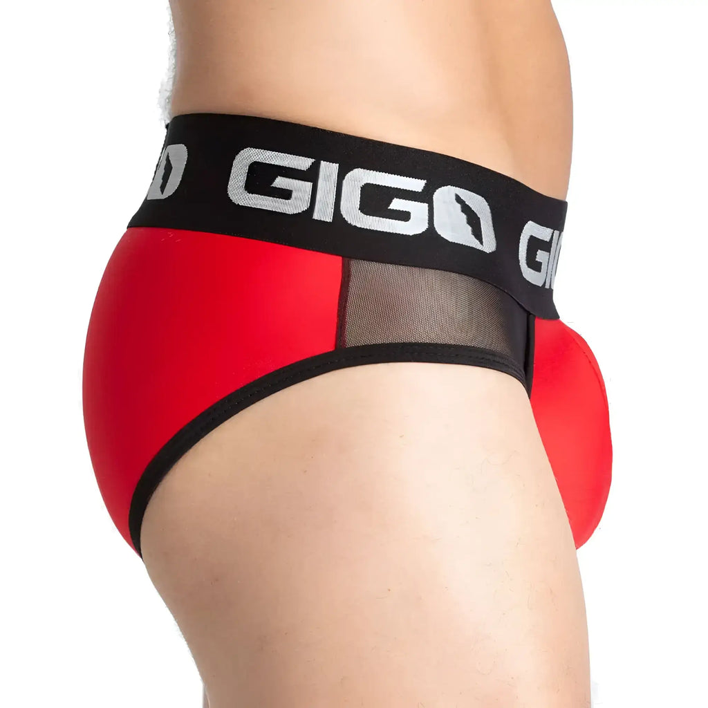 Gigo purity red brief in red and black with a mesh panel designed for breathability and comfort