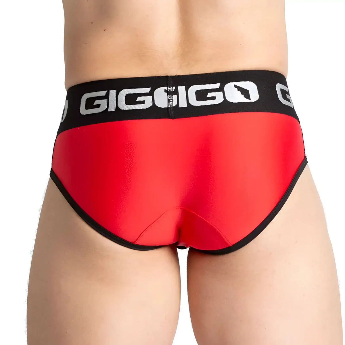 Red giggigo menÃ¢â‚¬â„¢s briefs with black trim and waistband in breathable fabric for comfortable everyday wear