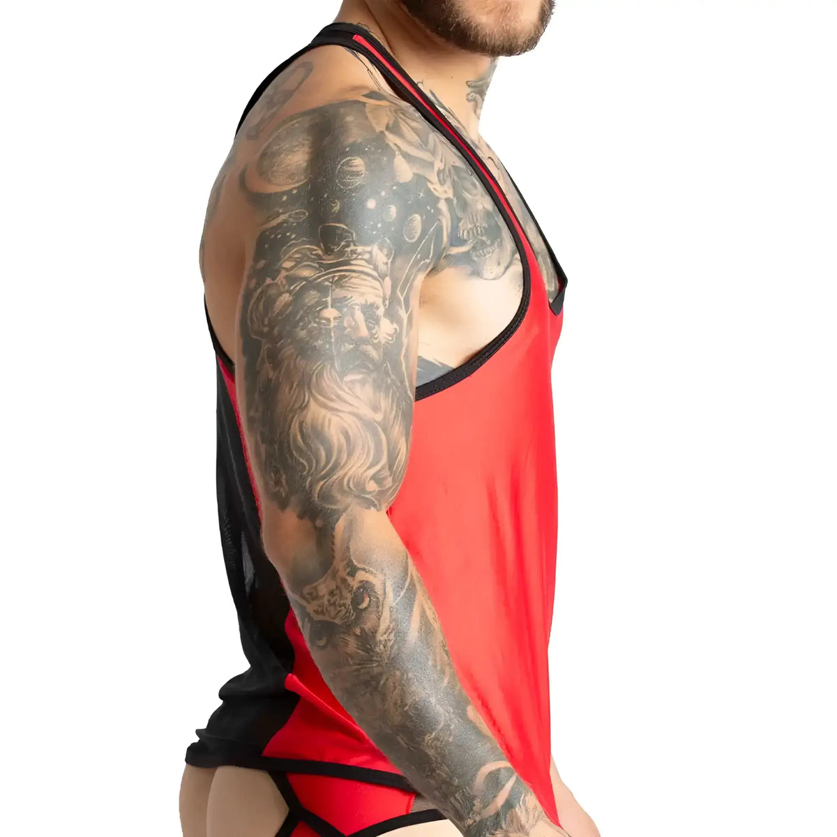 Gigo Purity red tank red and black mesh tank top with bold intricate tattoo style design along the sides