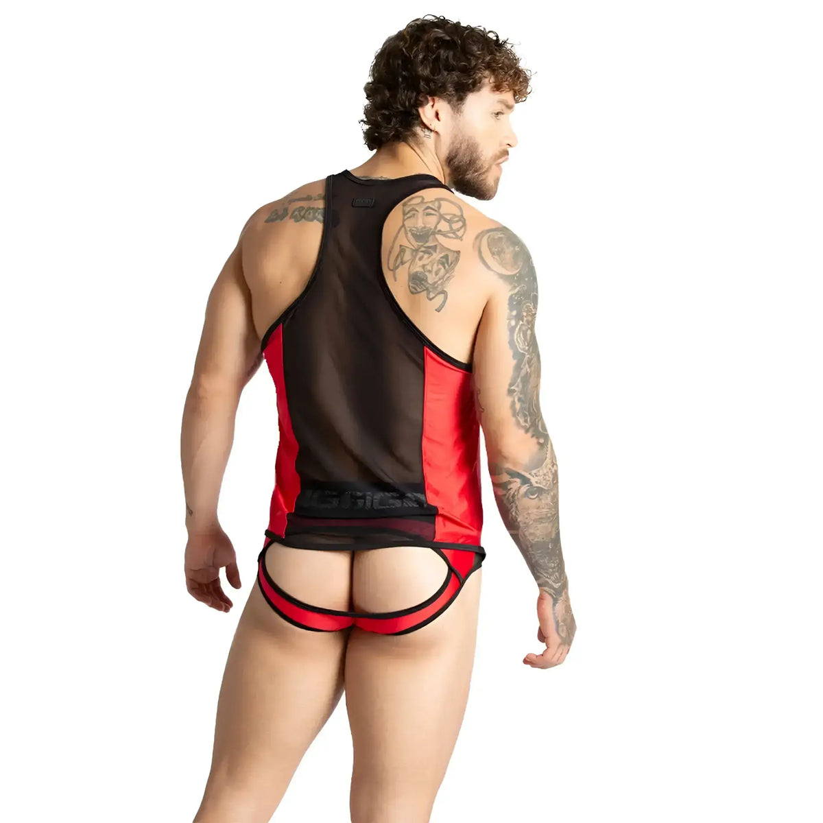 Black and red mesh athletic tank top with matching thong bottom from gigo purity red tank set shown from front