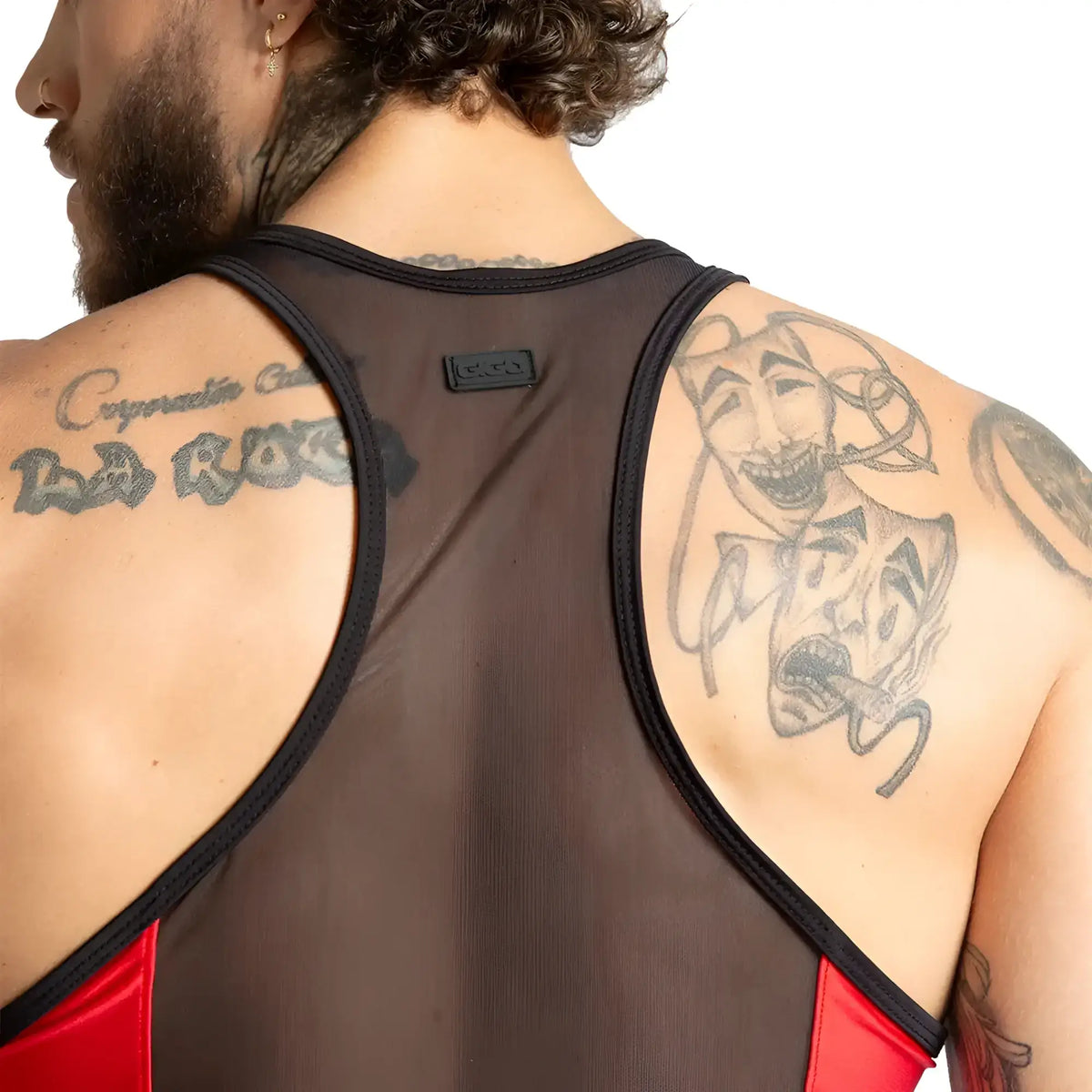 Back side of black mesh gigo purity red tank with red satin panels black trim and gucci logo patch