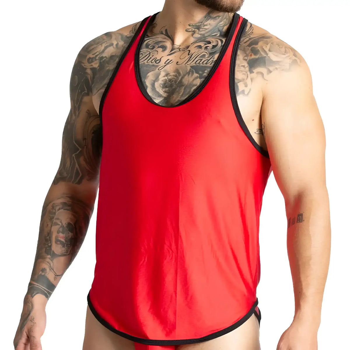 Gigo purity red tank satin tank top in red with black trim featuring smooth satin material and stylish contrast trim