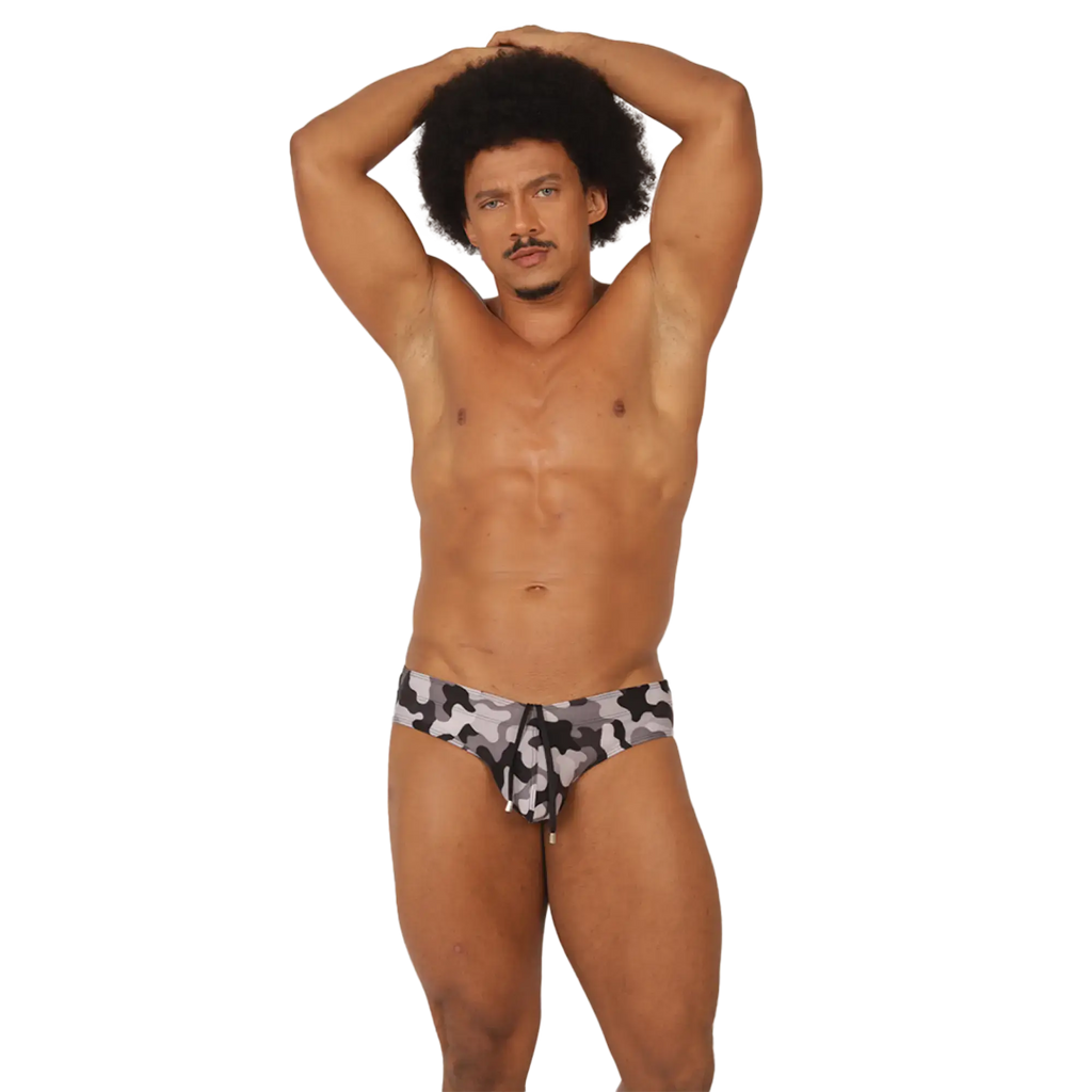 Gigo rank camouflaged swim brief in black and gray fabric with drawstring waistband for comfortable swimming