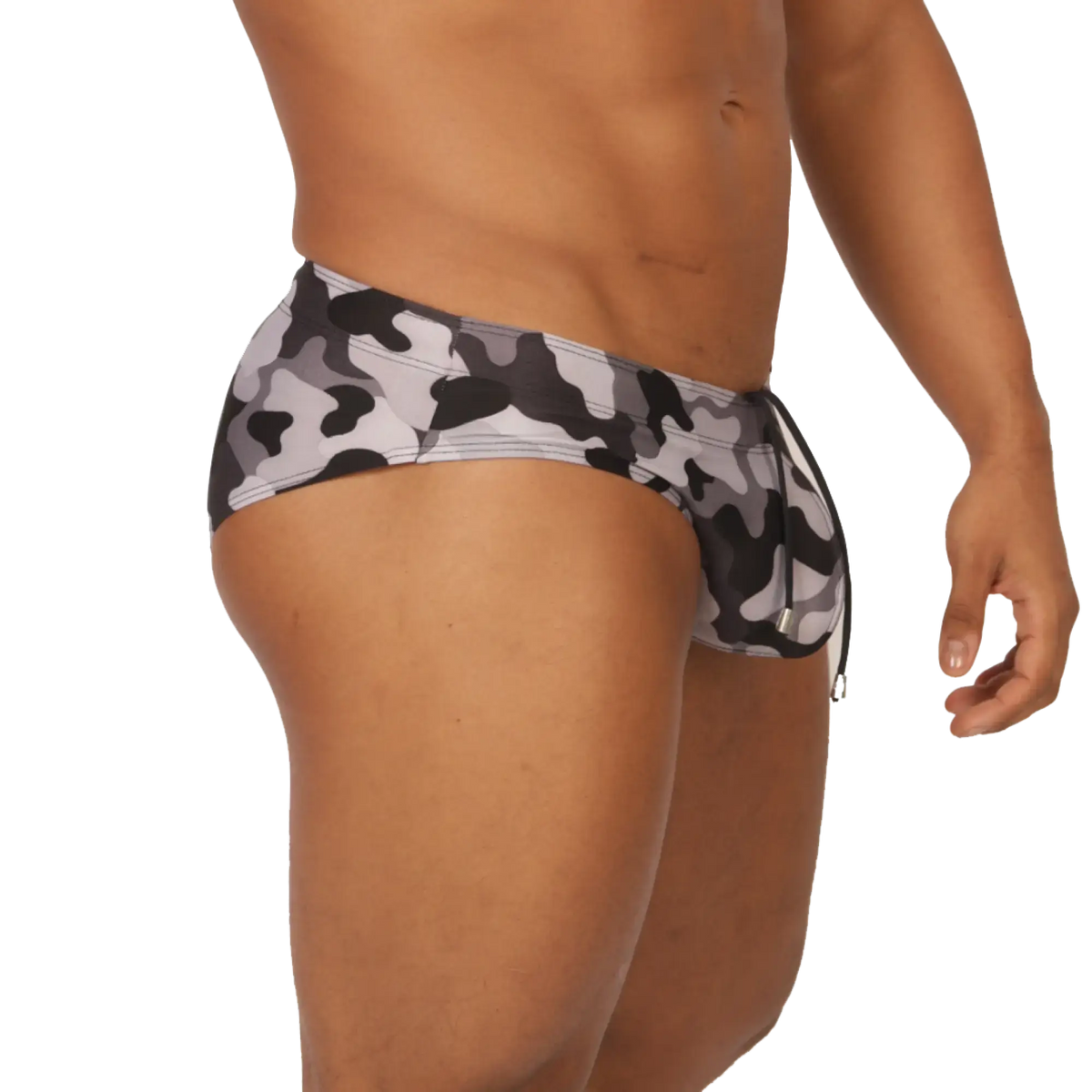 Gigo rank camouflaged swim brief in black and gray with a drawstring waistband for comfortable beachwear