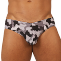 Gigo rank camouflaged swim brief featuring gray black and white camouflage pattern for swimming and beachwear