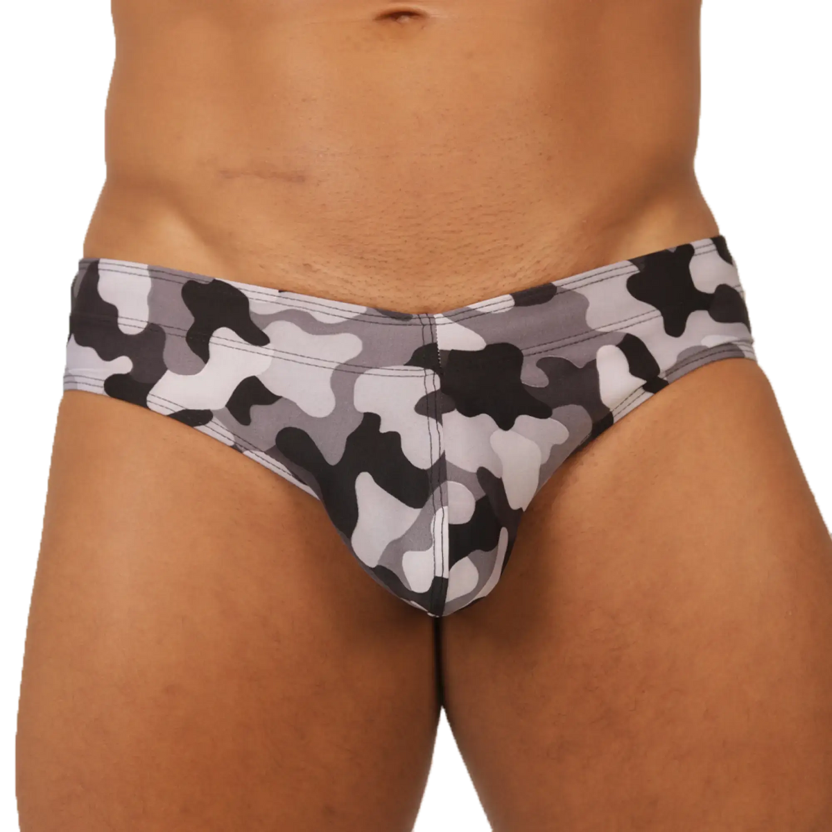 Gigo rank camouflaged swim brief featuring gray black and white camouflage pattern for swimming and beachwear