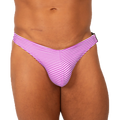 Purple and white striped thong gstring with a snug form-fitting design shown from the back for swimwear use