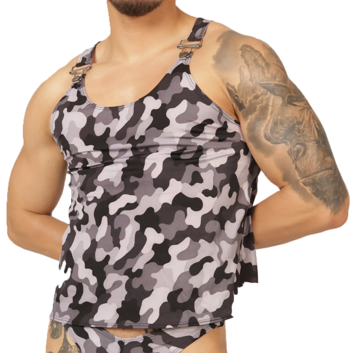 Gray and black camouflage tank top with adjustable shoulder straps and metallic buckles by Gigo Rank Camouflaged Tank