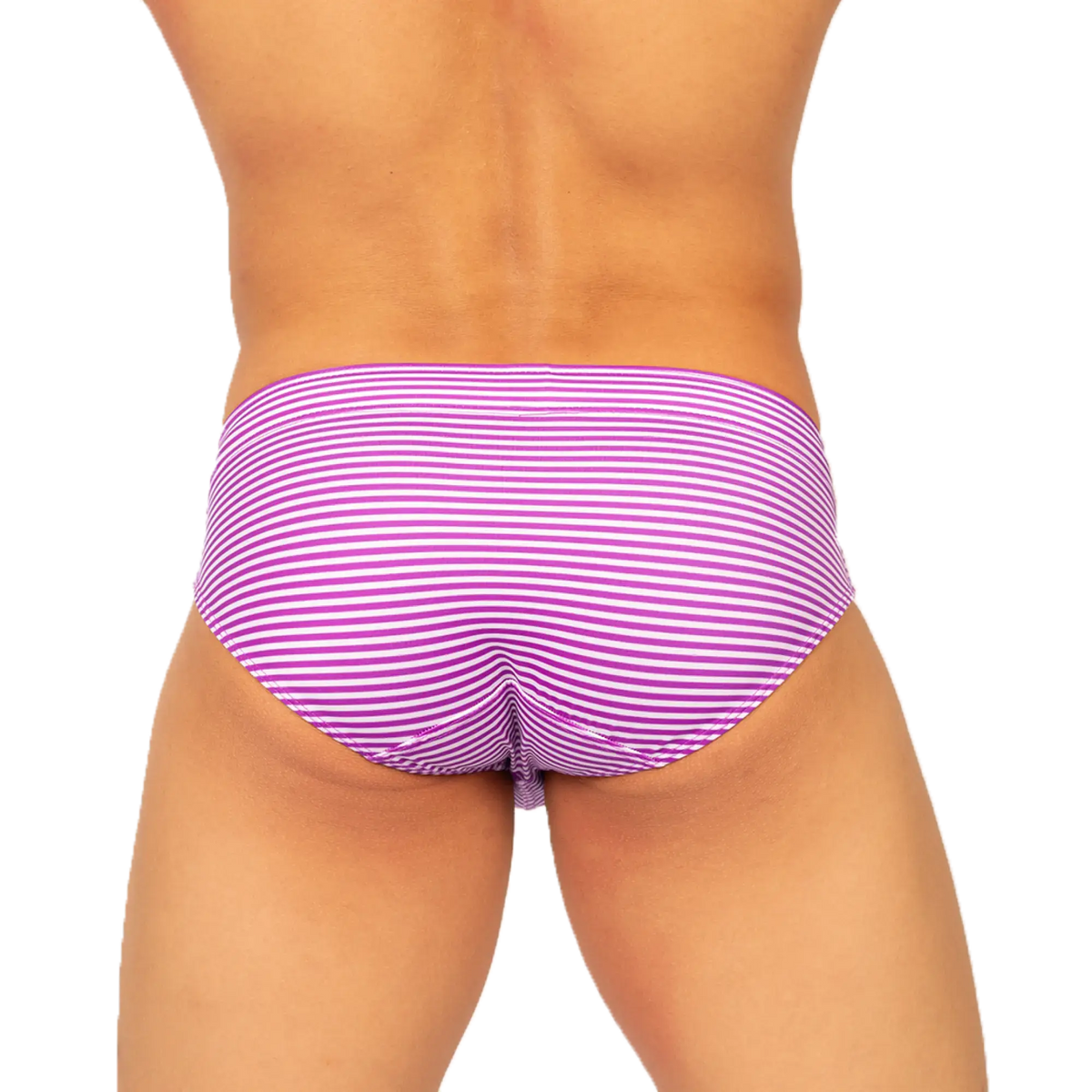 Gigo rank purple swim brief featuring purple and white striped swim trunks designed for comfortable swimming use