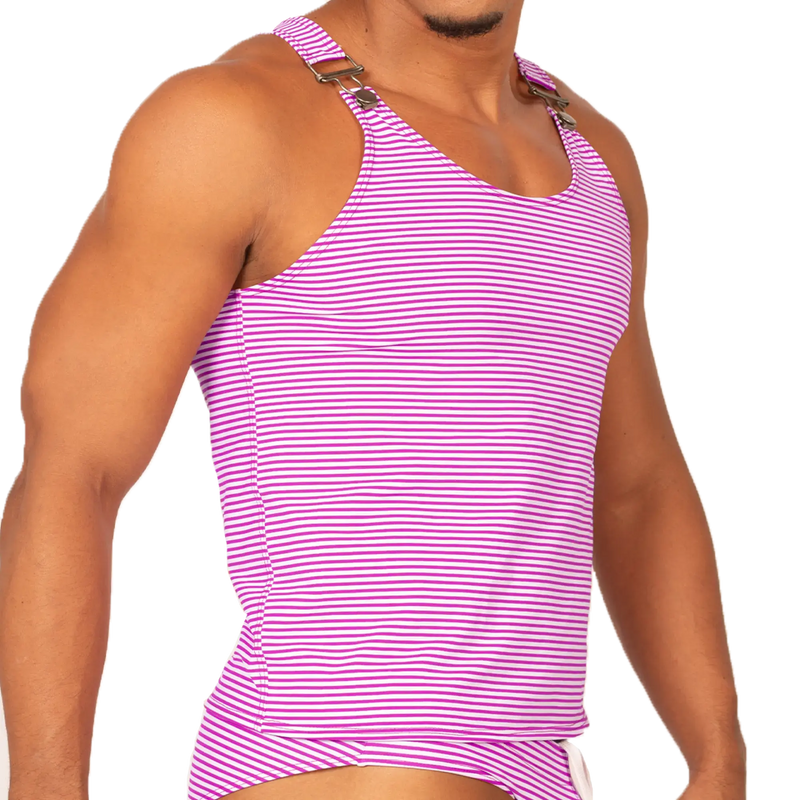 Gigo Rank Purple tank vibrant pink and white striped tank top with adjustable shoulder straps and metallic buckles