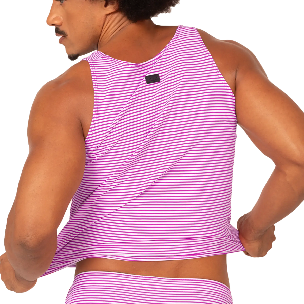 Gigo Rank purple tank vibrant pink and white striped sleeveless tank top with rounded neckline for casual wear