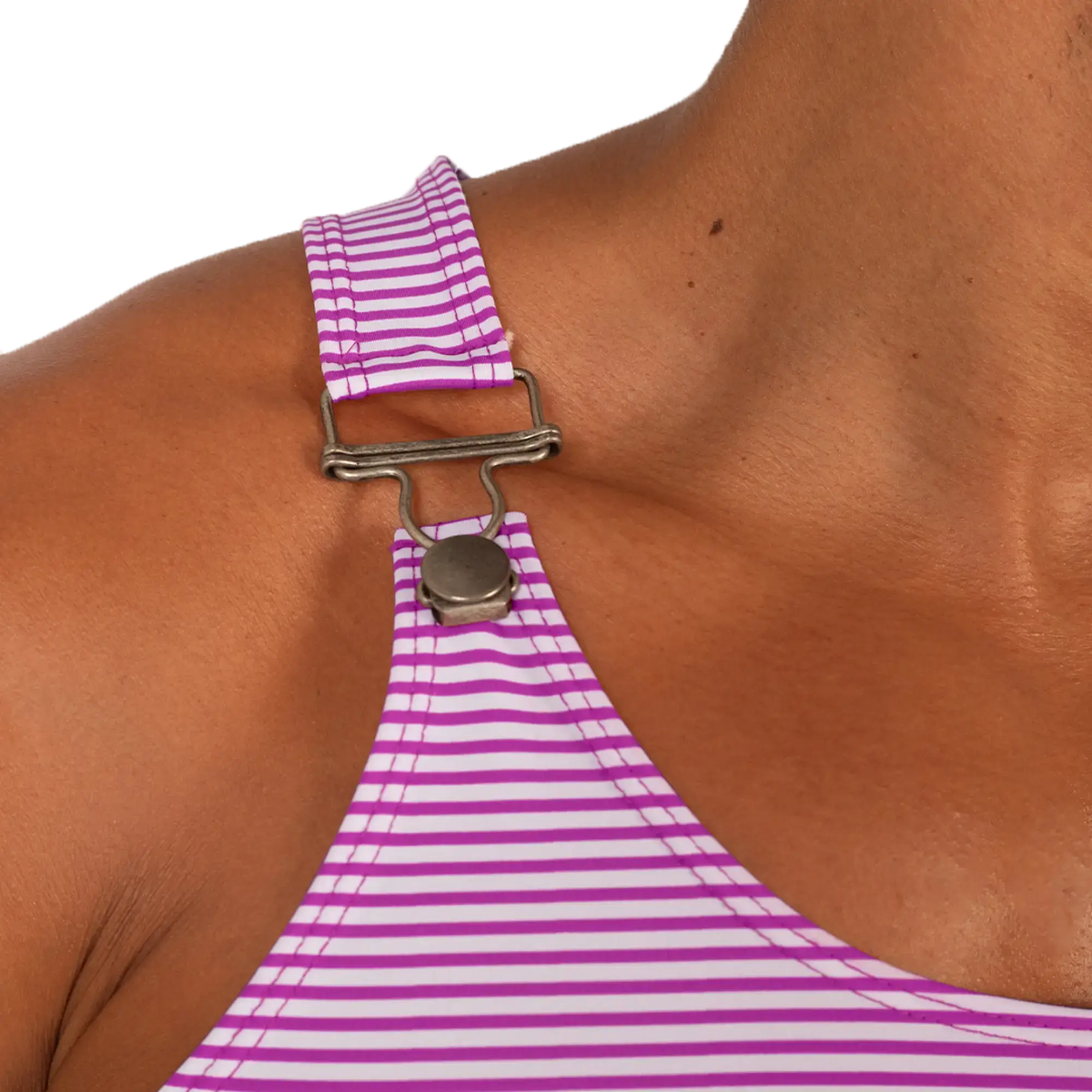 Back view of gigo rank purple tank featuring a purple and white striped halter neck strap with a silver metal clasp