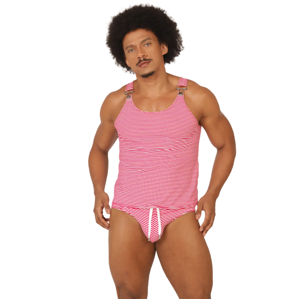 Pink and white striped Gigo Rank Red tank top with adjustable straps and matching briefs with drawstring waistband