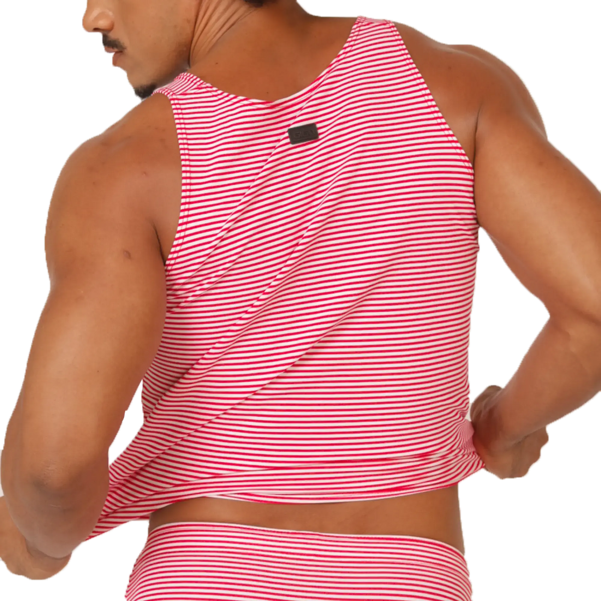 A red and white striped sleeveless tank top made of stretchy fabric with a black tag at the neckline gigo rank red tank