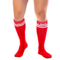 Gigo red knee-high socks with white stripes and a subtle logo at the top, designed for comfort and style