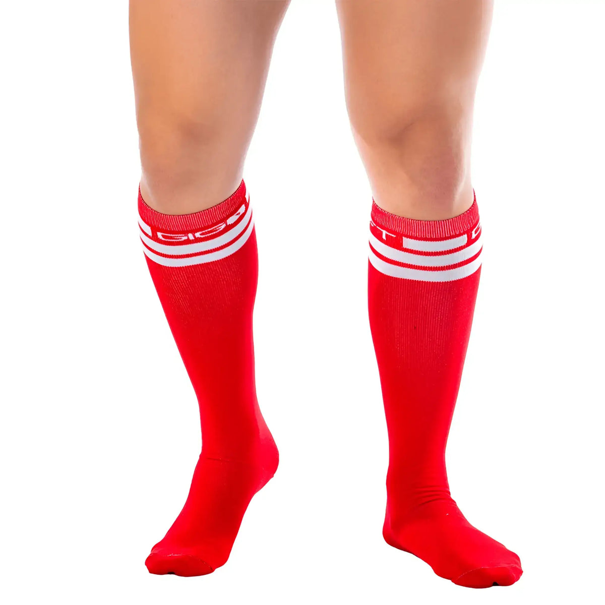 Gigo red knee-high socks with white stripes and a subtle logo at the top, designed for comfort and style