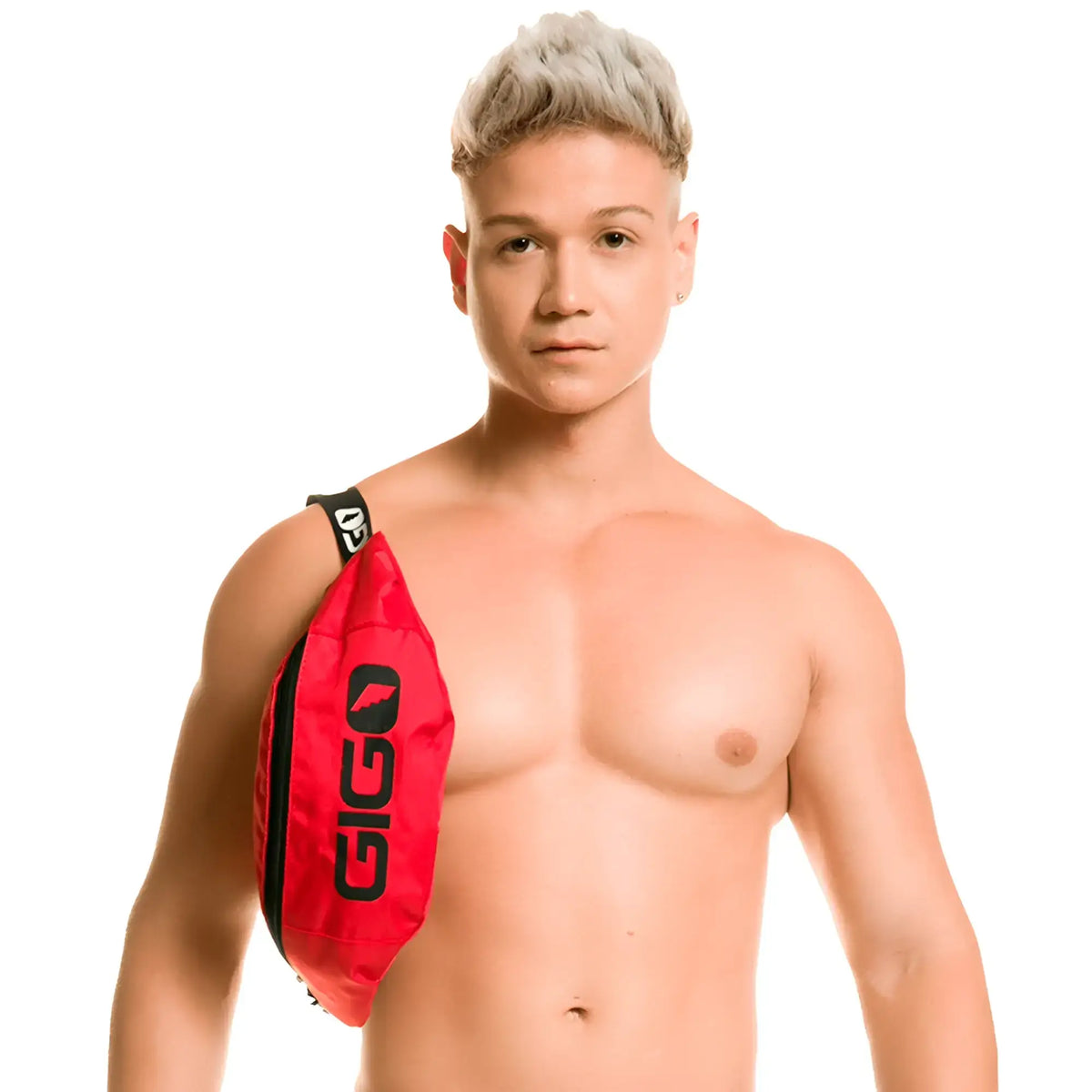Red gigo brand waistpack fanny pack with black trim and logo ideal for hands-free carrying and travel