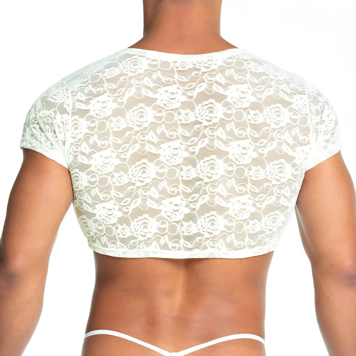 Gigo redemotion beige crop top featuring white floral lace design with delicate texture and stylish fit