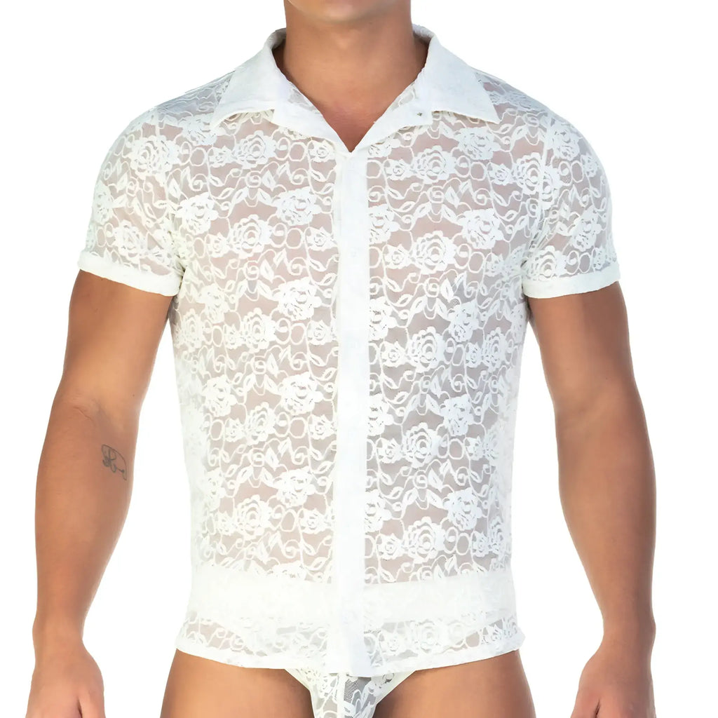 White floral lace short-sleeved shirt with collar and button front in gigo redemotion beige shirt design