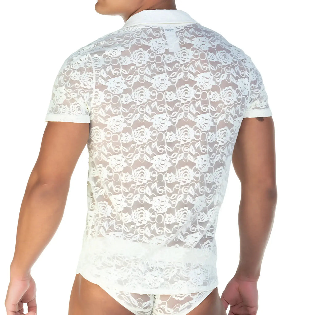White floral lace short-sleeved gigo redemotion beige shirt with collar and solid white trim at hem