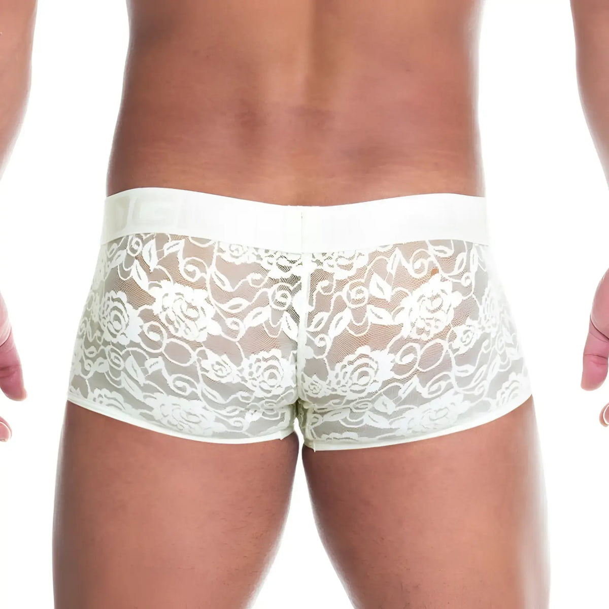 White lace-trimmed briefs with floral embroidery in beige from gigo redemotion trunk collection