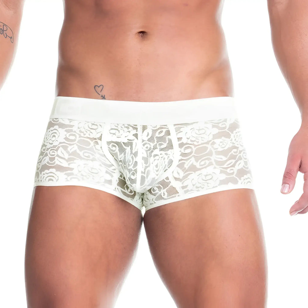 White lace-trimmed briefs with delicate floral pattern and solid white waistband from gigo redemotion beige trunk