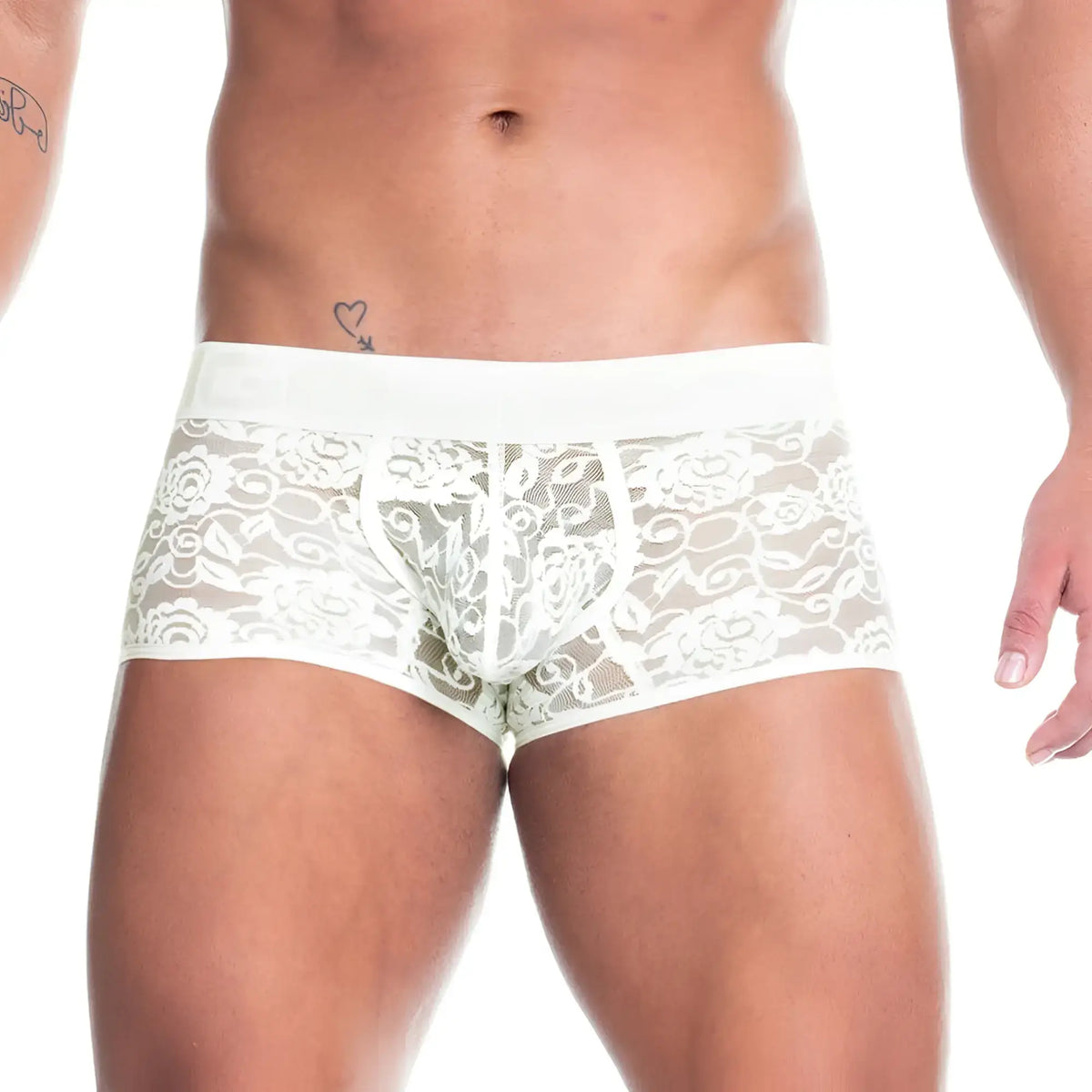 White lace-trimmed briefs with delicate floral pattern and solid white waistband from gigo redemotion beige trunk