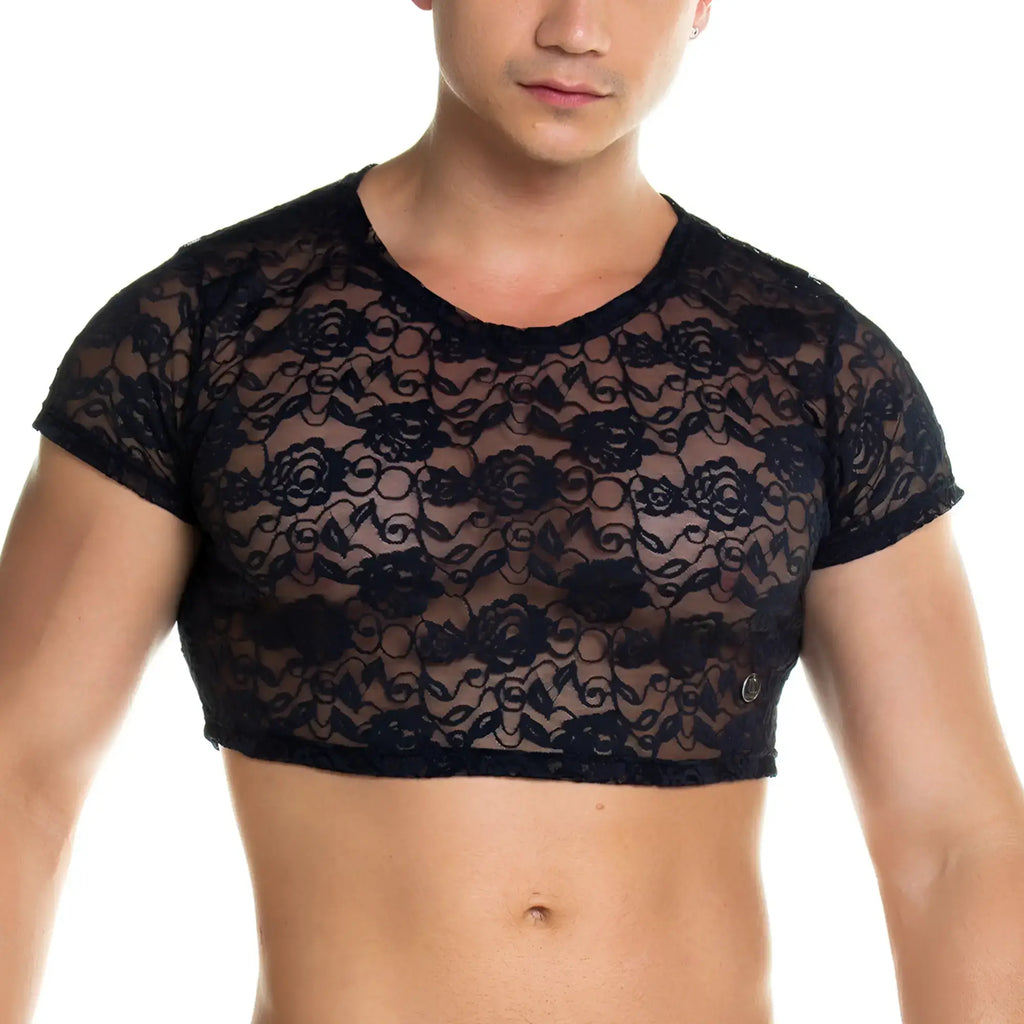Gigo Redemotion black lace crop top with floral pattern and short sleeves for stylish casual wear