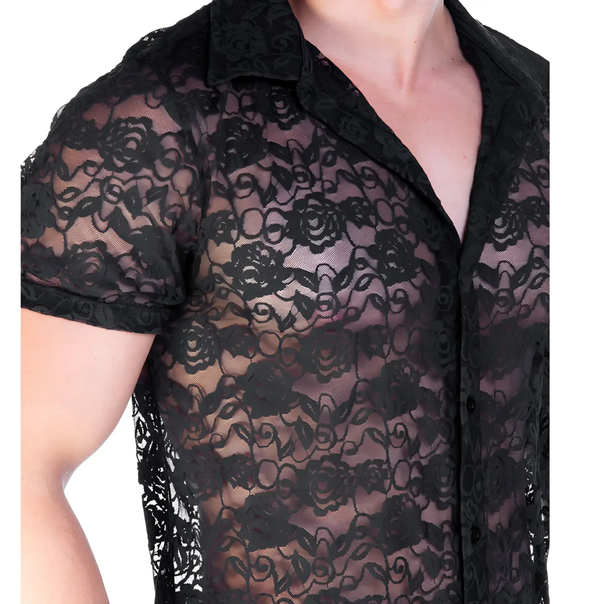 Gigo Redemotion black lace short-sleeved shirt with floral pattern made of delicate lace fabric