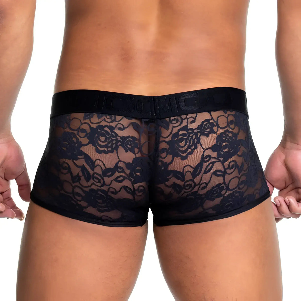 Black lace briefs with floral pattern and solid black waistband from gigo redemotion black trunk product line