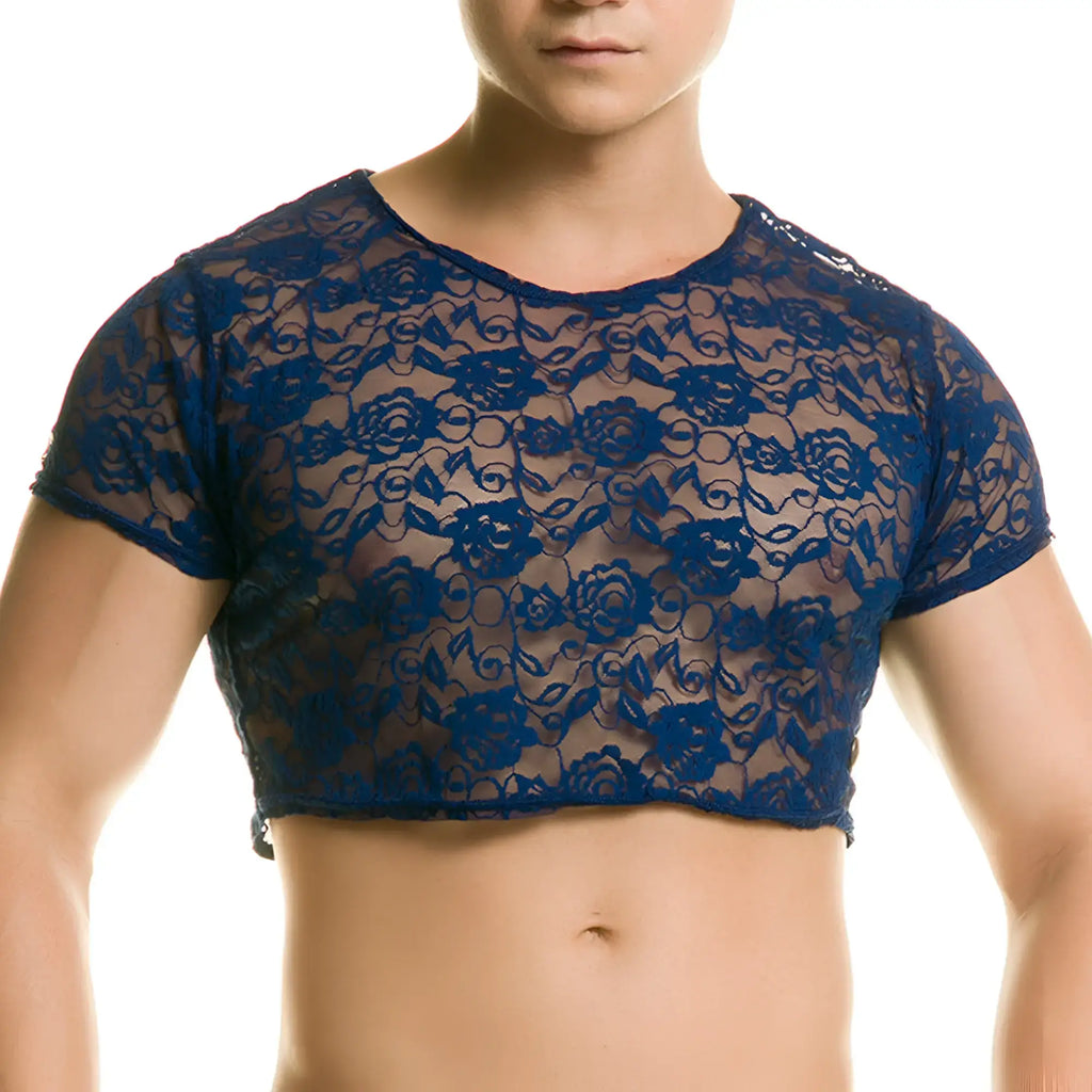 Gigo Redemotion blue crop top navy blue lace with short sleeves and floral pattern ideal for stylish casual wear
