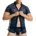 Gigo redemotion blue shirt navy blue lace shirt with floral patterns and short sleeves front view