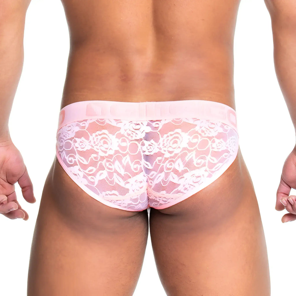 Pink lace briefs with white floral pattern and matching elastic waistband from gigo redemotion collection