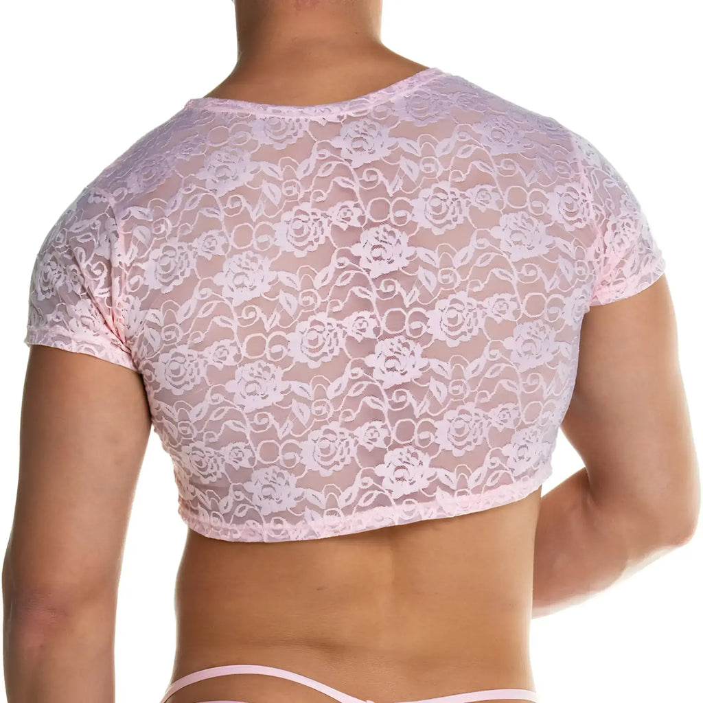 Gigo Redemotion pink lace crop top with white floral embroidery showcasing delicate feminine design