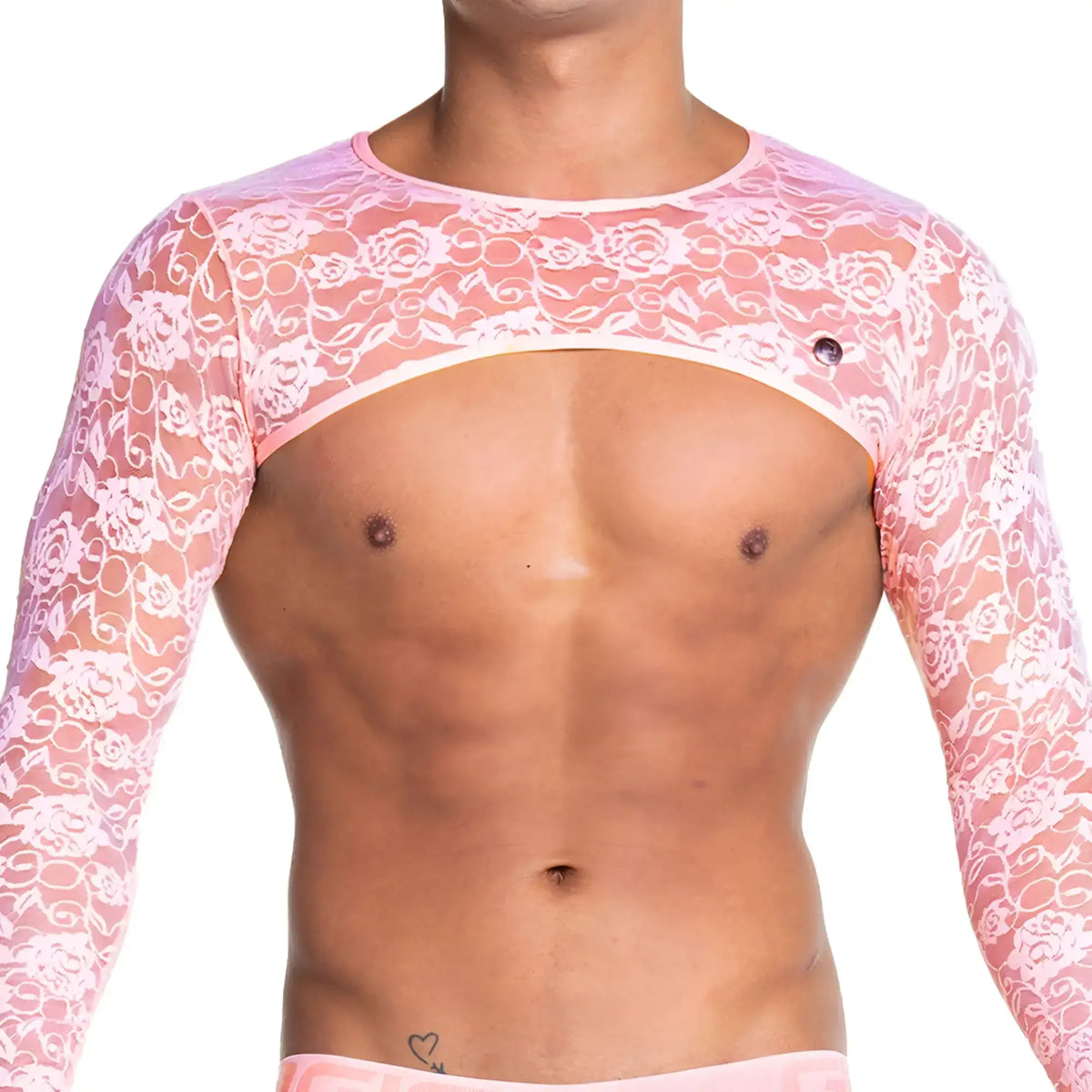Pink lace long-sleeved top with white floral pattern featured in the Gigo Redemotion pink harness collection