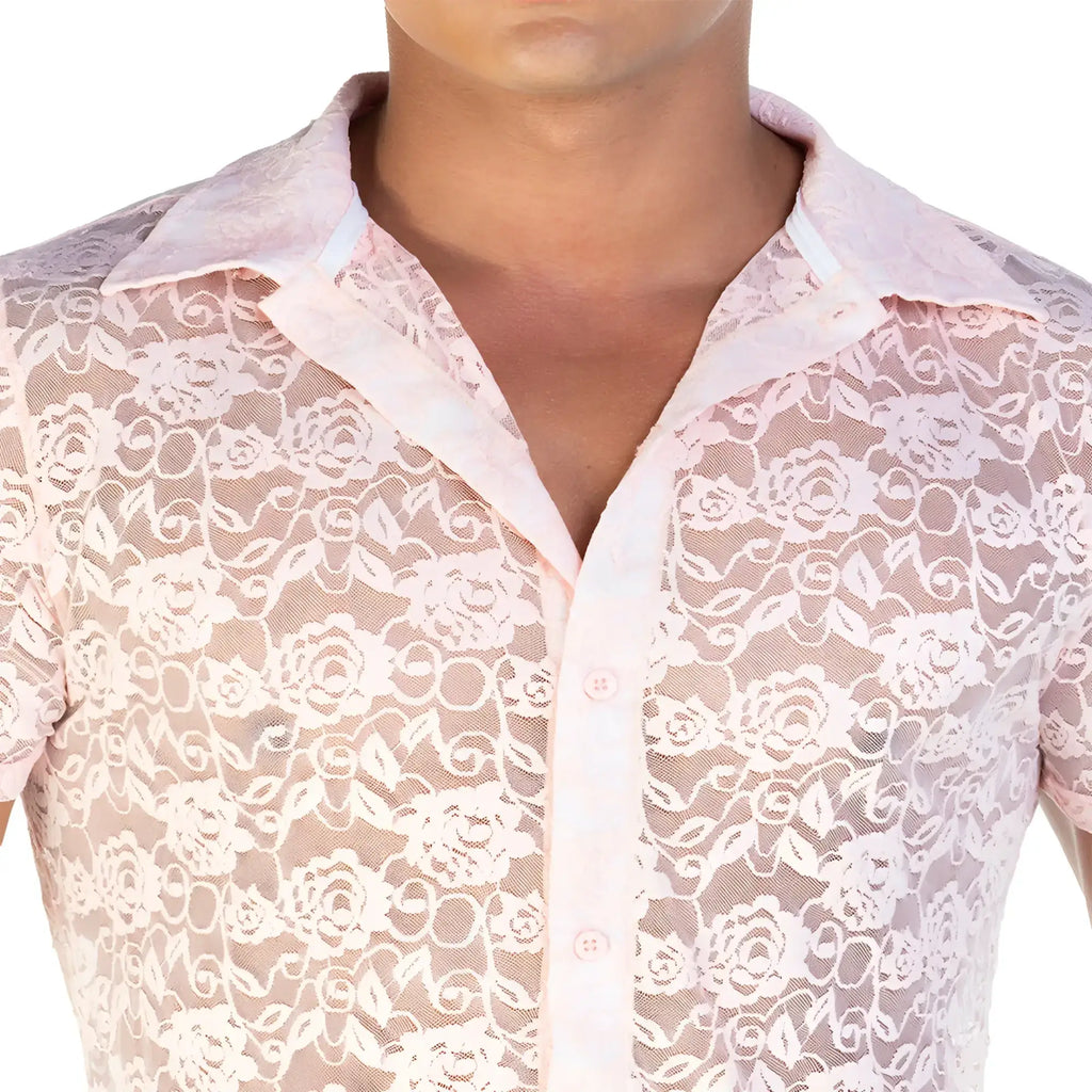 Gigo Redemotion pink shirt delicate pink lace with floral pattern and button front design for stylish wear