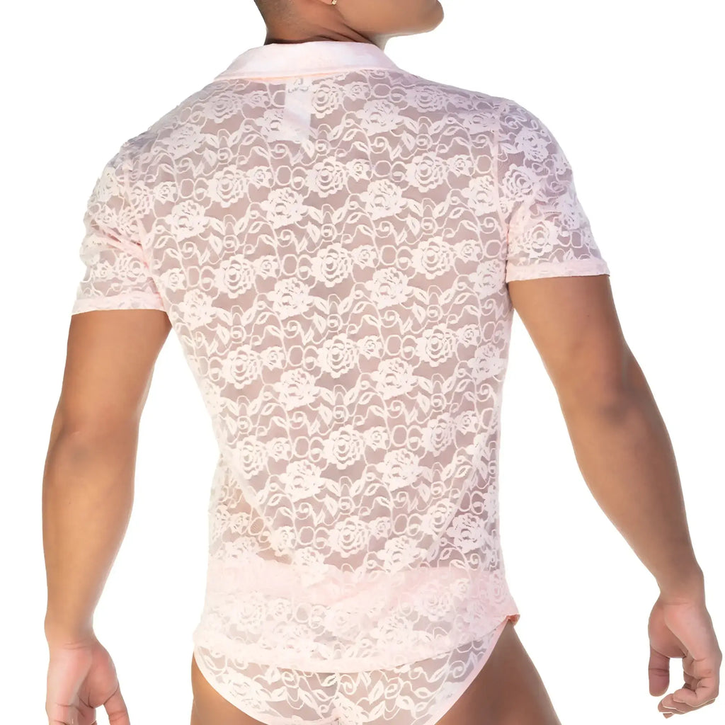 Gigo Redemotion pink shirt is a delicate pink lace short-sleeved shirt with a floral pattern and collar