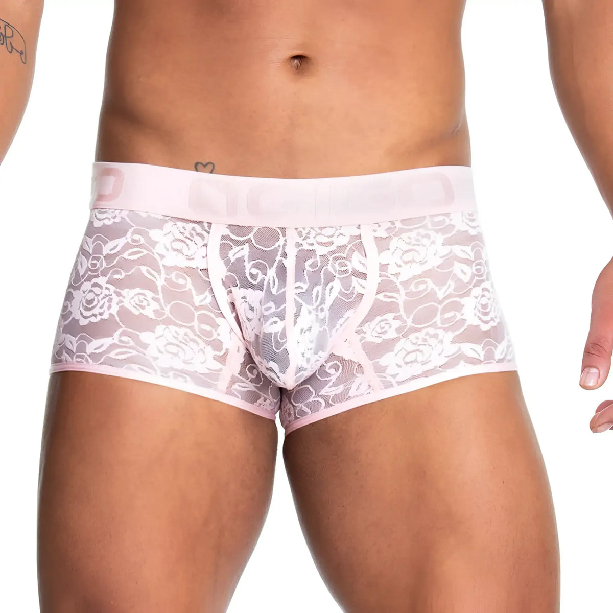 Gigo Redemotion pink trunk menÃ¢â‚¬â„¢s briefs with lace trim white floral pattern and matching elastic waistband