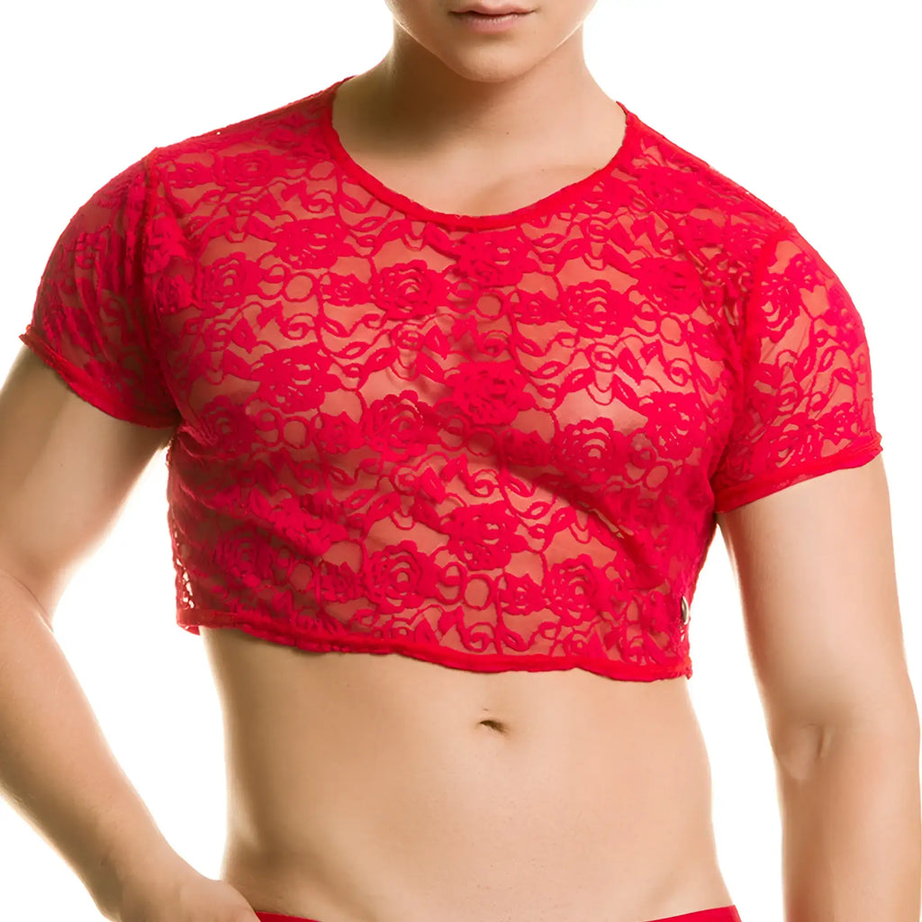 A vibrant red lace crop top with floral pattern and short sleeves from Gigo redemotion collection