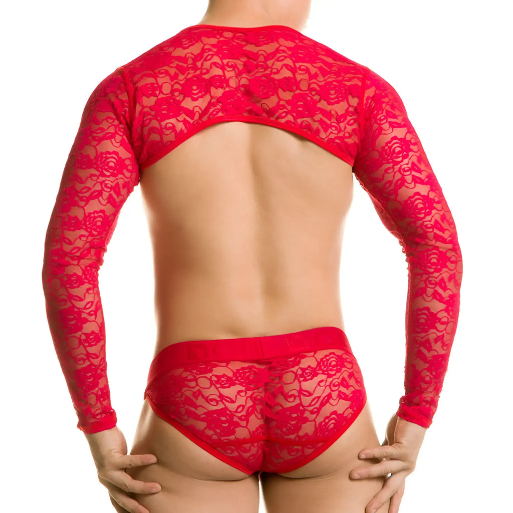 Red lace long-sleeved bodysuit with floral pattern in the Gigo Redemotion Red Harness collection