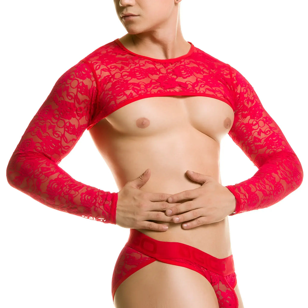 Red lace long-sleeved crop top with floral pattern from gigo redemotion red harness collection